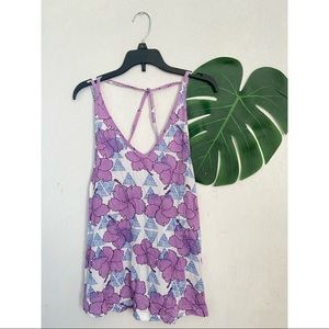 Hinano Tank Top Hibiscus Floral V Neck Purple White Size Small